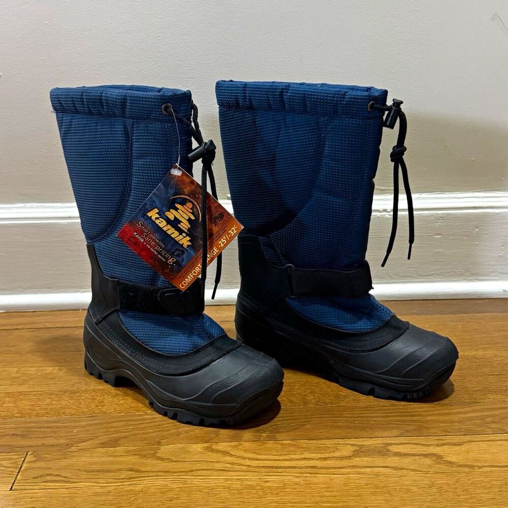 Kamik NWT Greenbay Blue Black Winter Snow Boots Unisex Kids Sz 6 Drawstring